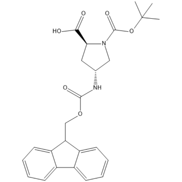 (2S,4R)-4-((((9H-Fluoren-9-yl)methoxy)carbonyl)amino)-1-(tert-butoxycarbonyl)pyrrolidine-2-carboxylic acid  Chemical Structure
