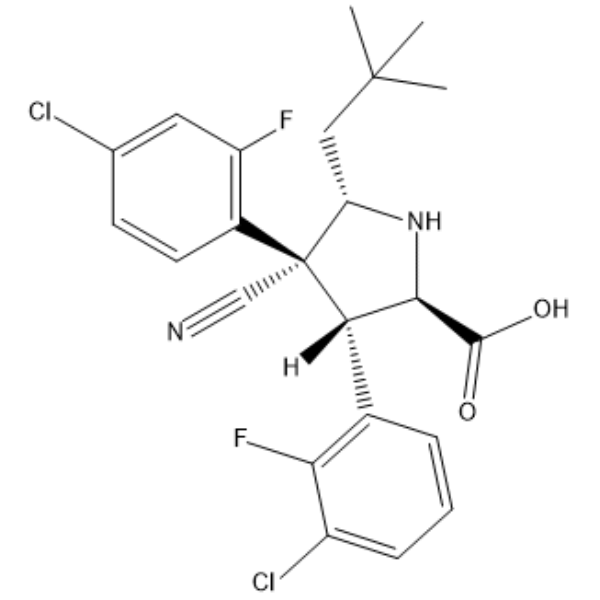(3S,4R,5S)-rel-3-(3-Chloro-2-fluorophenyl)-4-(4-chloro-2-fluorophenyl)-4-cyano-5-neopentylpyrrolidine-2-carboxylic acid  Chemical Structure