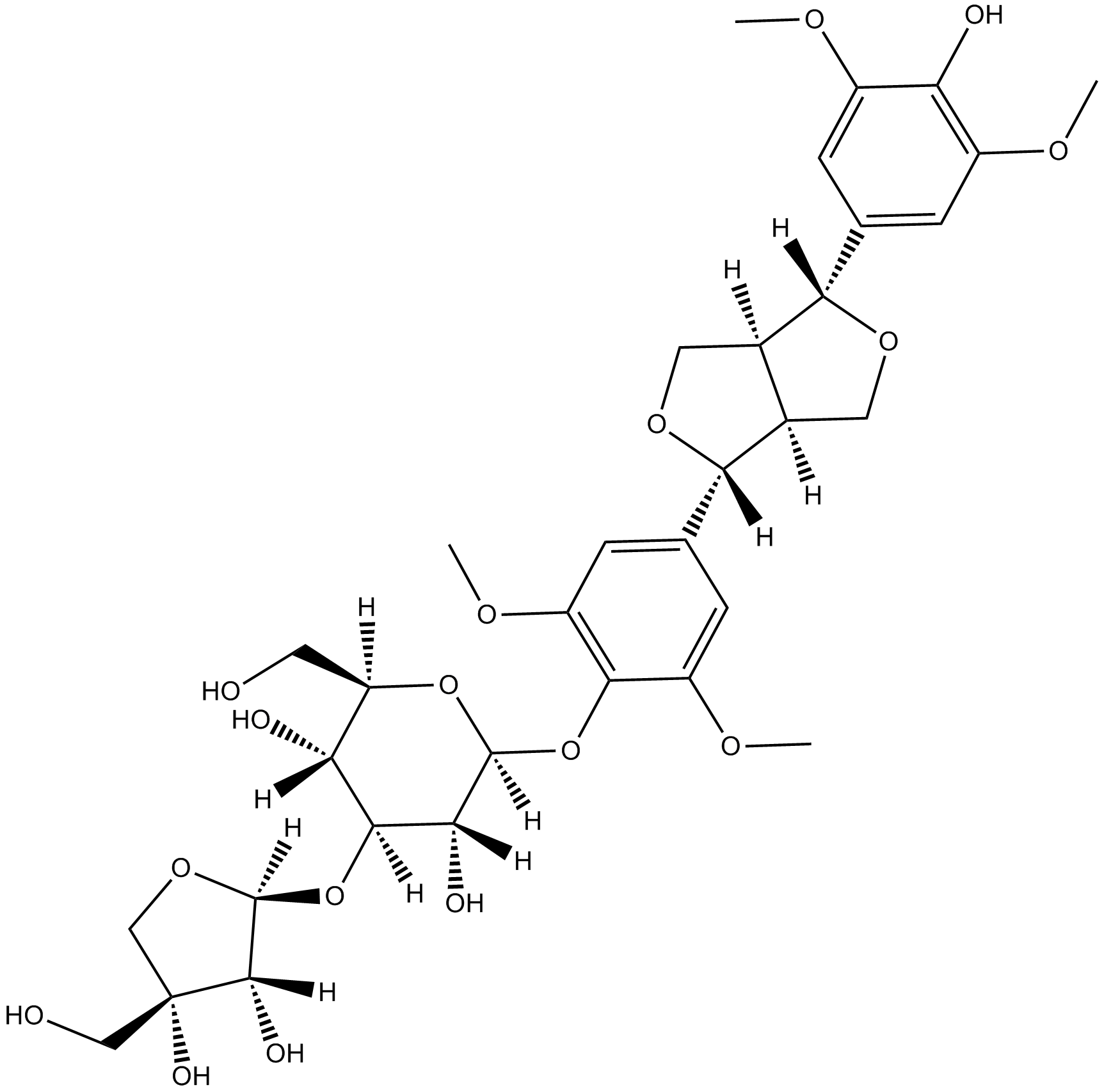 (-)-Syringaresnol-4-O-β-D-apiofuranosyl-(1→2)-β-D-glucopyranoside  Chemical Structure